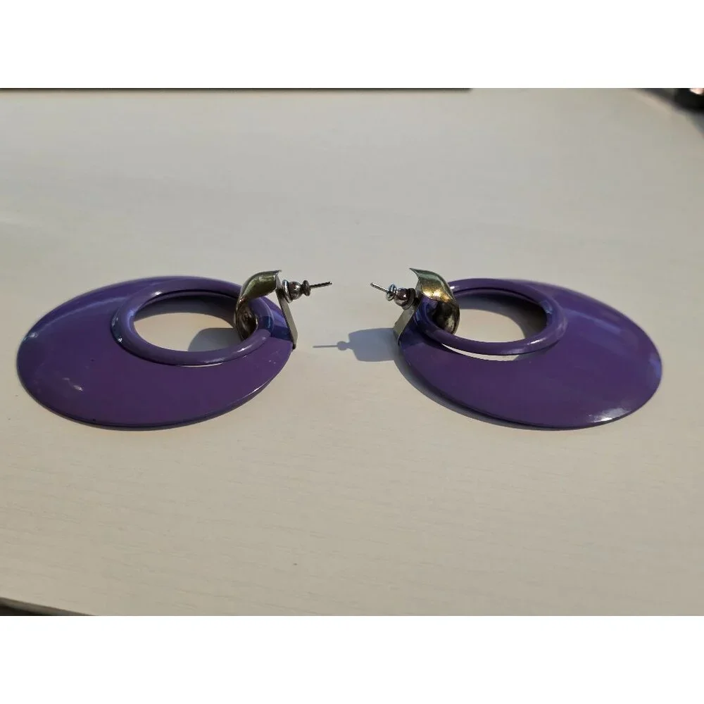 Vintage Purple Enamel Oversized Hoop‎ Statement Earrings With Gold Tone Accent
